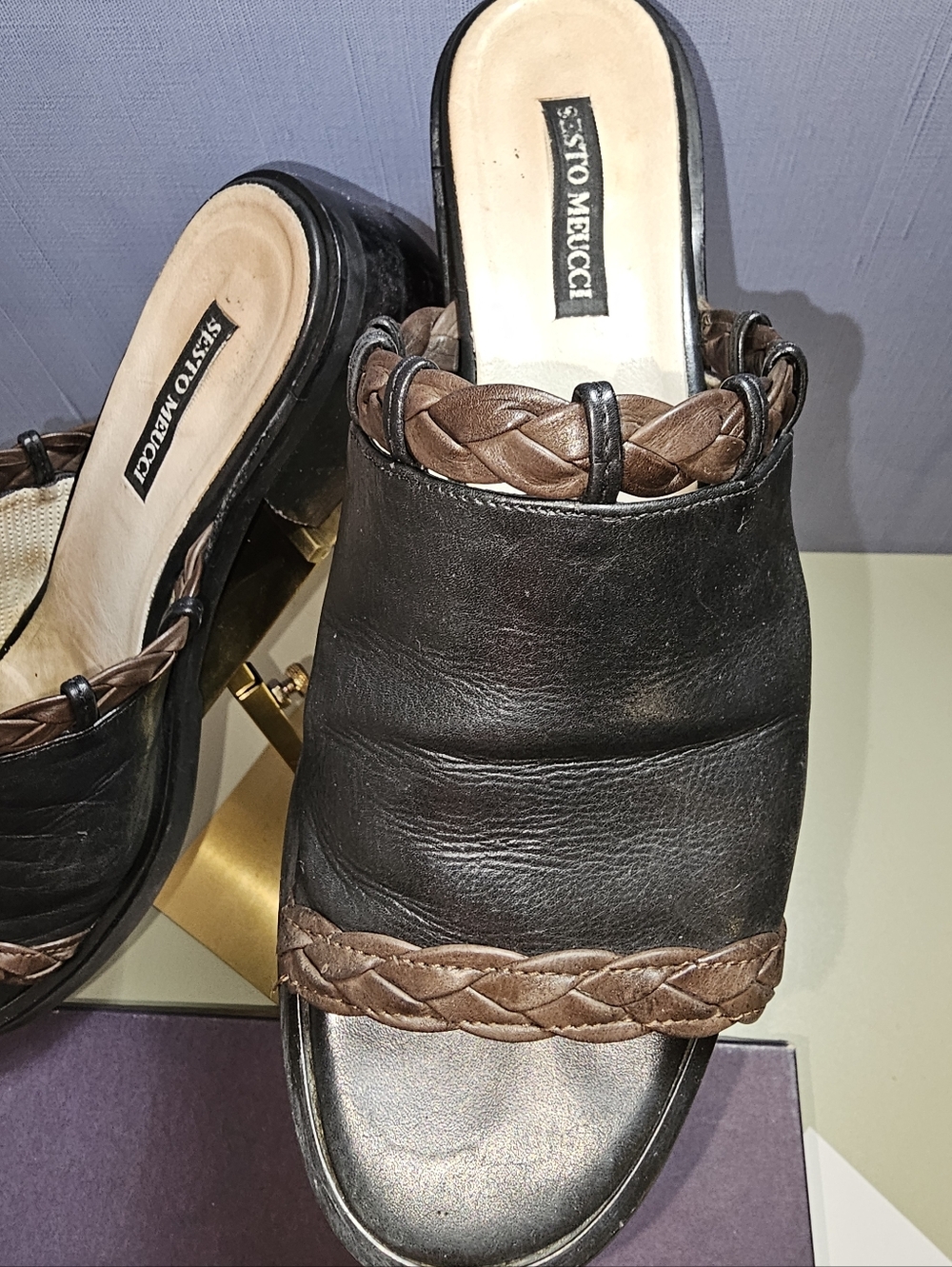 Sesto Meucci Black Leather Open-Back Mules with Brown Braided Trim Wood Stack - Picture 6 of 15